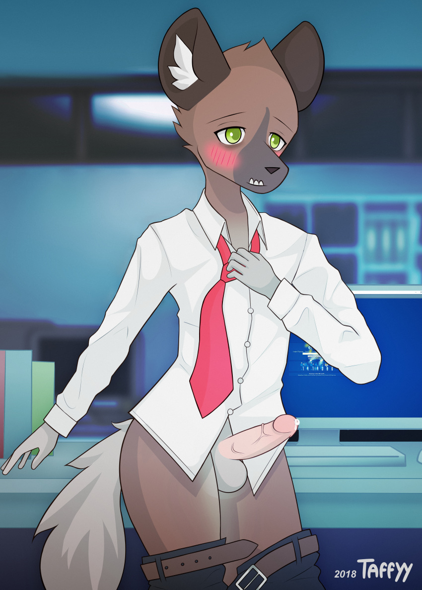 2018 absurd_res aggressive_retsuko anthro balls belt black_bottomwear black_clothing black_nose blush bottomless brown_ears brown_fur cel_shading clothed clothing computer cum cum_drip detailed_background digital_drawing_(artwork) digital_media_(artwork) dress_shirt dripping e621 ear_tuft embarrassed english_text erection eyebrows fangs front_view fur green_eyes grey_balls grey_fur haida hand_on_chest hi_res humanoid_penis hyena inside leaning male mammal necktie office pants_down partially_clothed penis precum presenting presenting_penis sanrio shaded shirt solo solo_focus standing taffyy teeth text toony tuft unbuttoned undressing vein veiny_penis white_clothing white_fur white_topwear