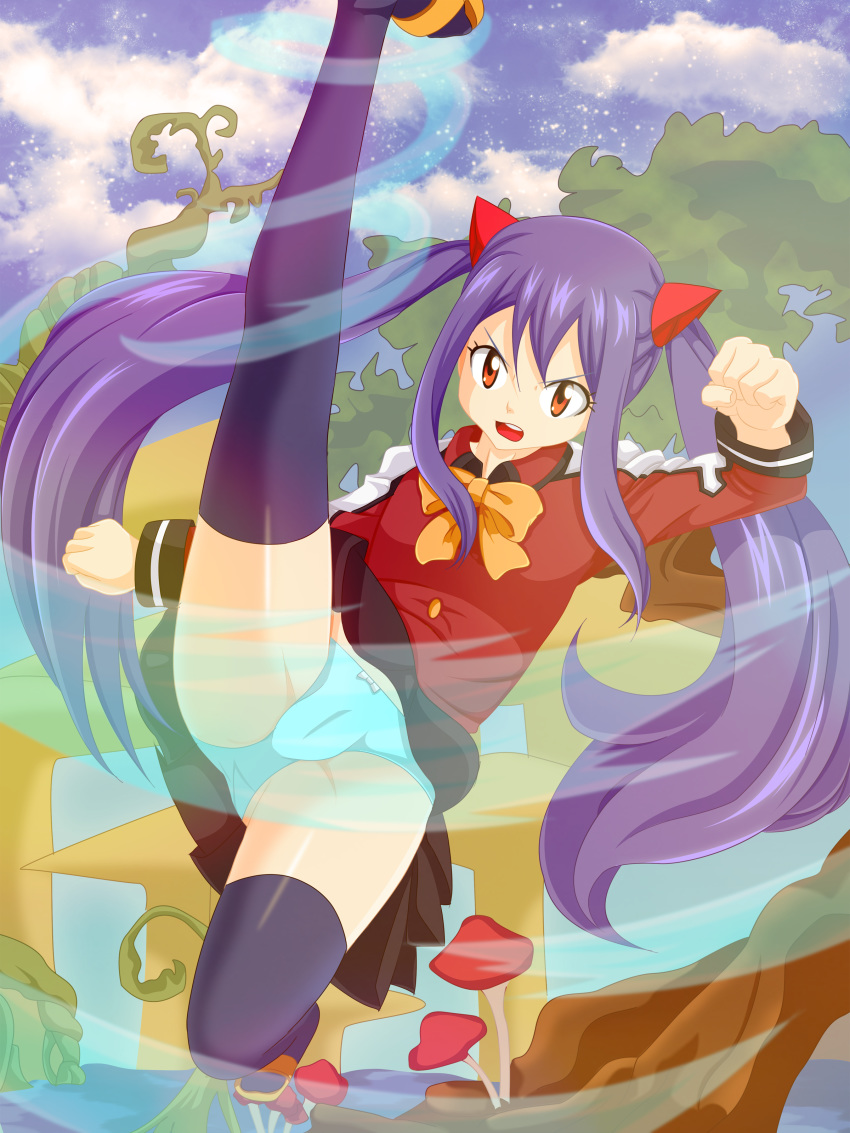 1girl absurdres arms_up black_legwear black_skirt blue_panties blue_sky bow bow_panties cameltoe clenched_hands day energy eyebrows_visible_through_hair fairy_tail female hair_ornament highres kicking leg_up long_hair long_sleeves looking_at_viewer mushroom open_mouth orange_bow orange_eyes orange_footwear outdoors panties planeptune pleated_skirt purple_hair red_shirt revision sandals shiny shiny_hair shiny_skin shirt shoes skirt sky solo spread_legs standing standing_on_one_leg teeth thighhighs tied_hair twintails underwear upskirt wendy_marvell