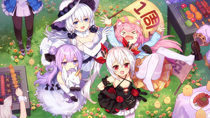 &gt;_&lt; :d akashi_(azur_lane) animal_ears anniversary ass azur_lane bangs banner bare_shoulders bird black_bow black_dress black_gloves black_legwear black_ribbon blue_eyes blush bow carrying_over_shoulder cat_ears chick closed_eyes commentary covered_mouth criss-cross_halter d: day detached_sleeves dress dx elbow_gloves eyebrows_visible_through_hair fang flower food gloves grass grill grilling hair_between_eyes hair_bun hair_ornament hair_ribbon halterneck hammann_(azur_lane) hat highres illustrious_(azur_lane) kisaragi_(azur_lane) long_hair long_sleeves low_twintails matsutake_(mushroom) multiple_girls object_hug one_side_up open_mouth out_of_frame outdoors pantyhose plate purple_eyes purple_hair red_eyes ribbon saratoga_(azur_lane) sausage side_bun smile steak stuffed_animal stuffed_pegasus stuffed_toy stuffed_unicorn tears thighband_pantyhose translation_request tsubasa_tsubasa twintails unicorn_(azur_lane) vampire_(azur_lane) white_dress white_hair white_legwear