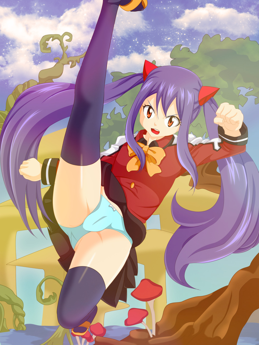 1girl absurdres arms_up black_legwear black_skirt blue_panties blue_sky bow bow_panties cameltoe clenched_hands day eyebrows_visible_through_hair fairy_tail female hair_ornament highres kicking leg_up long_hair long_sleeves looking_at_viewer mushroom open_mouth orange_bow orange_eyes orange_footwear outdoors panties planeptune pleated_skirt purple_hair red_shirt revision sandals shiny shiny_hair shiny_skin shirt shoes skirt sky solo spread_legs standing standing_on_one_leg teeth thighhighs tied_hair twintails underwear upskirt wendy_marvell