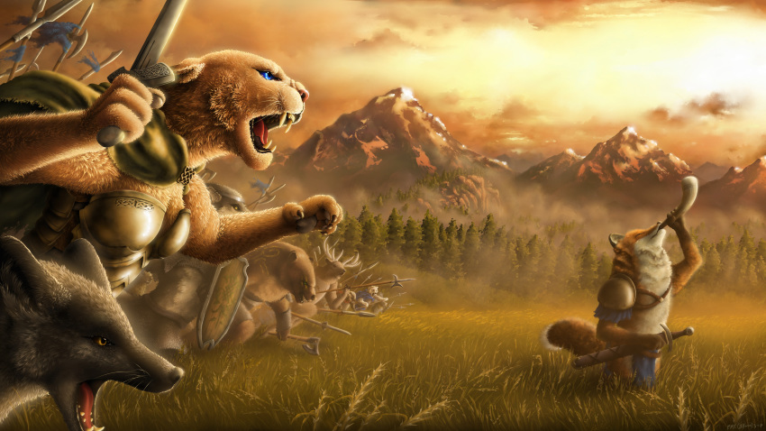 2017 4_fingers amazing_background bear black_fur black_nose blue_eyes canine clothed clothing cougar day detailed_background digital_media_(artwork) feline fox fur grass holding_object holding_weapon mammal melee_weapon open_mouth outside sky sword teeth the-urocyon tiger tongue weapon wolf