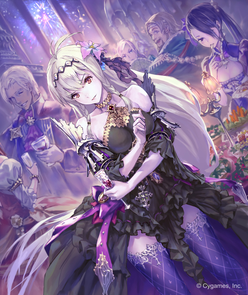 black_dress black_hair breasts brown_hair choker cleavage cleavage_cutout collarbone cup dark_jeanne detached_sleeves dress drinking_glass dutch_angle facial_hair fan floating_hair flower gloves granblue_fantasy hair_flower hair_ornament hair_over_one_eye head_tilt highres hisakata_souji holding holding_cup holding_fan layered_dress long_hair looking_back medium_breasts multiple_boys multiple_girls one_eye_closed pale_skin parted_lips pink_flower purple_legwear red_eyes side_ponytail silver_hair sleeveless sleeveless_dress solo_focus thighhighs vampire very_long_hair white_flower white_gloves white_skin