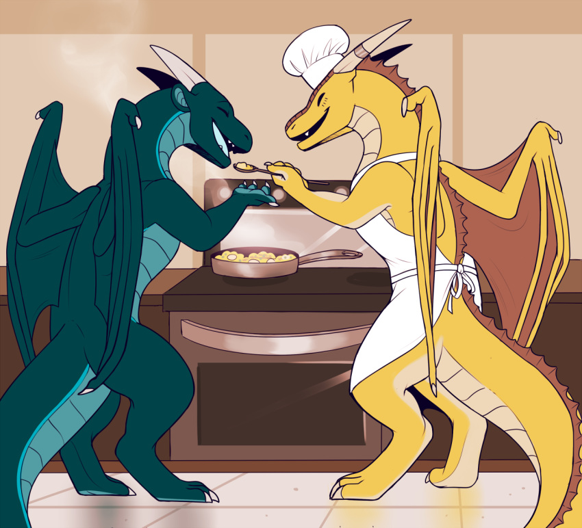 2018 3_toes 4_fingers apron barefoot belly_scales biped blue_scales blue_tongue chef chef_hat claws clothing cooking counter countertop cute detailed_background digital_media_(artwork) dragon duo eating evillabrat eyes_closed feral food frill garo_(garoshadowscale) happy hat hindpaw horn horn_ring kar'nacht kitchen long_neck male membranous_wings nude oven paws reptile scales scalie shadow side_view snout spoon standing stove stripe stripes teal_scales toe_claws toes toony western_dragon wings yellow_scales