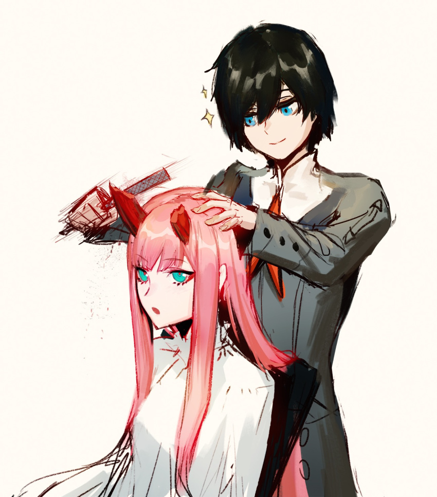 1boy 1girl asymmetrical_horns bangs barber_chair black_hair blossomppg blue_eyes couple darling_in_the_franxx eyebrows_visible_through_hair fringe green_eyes hand_on_another's_head hetero hiro_(darling_in_the_franxx) holding horns long_hair long_sleeves military military_uniform necktie oni_horns pink_hair red_horns red_neckwear short_hair uniform zero_two_(darling_in_the_franxx)