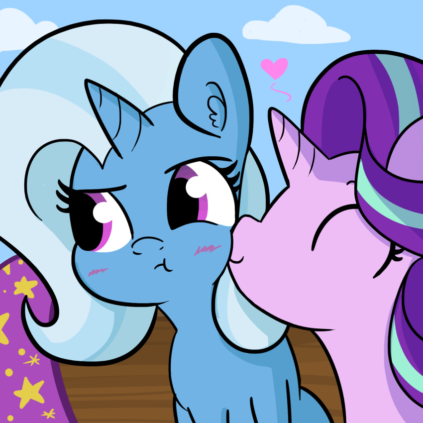 &lt;3 2018 annoyed bench blue_hair blush cloud cute duo equine eyebrows eyelashes eyes_closed female female/female feral friendship_is_magic fur hair hat hi_res horn inner_ear_fluff looking_away love mammal multicolored_hair my_little_pony nude nuzzling outside puffed_cheeks purple_eyes purple_hair sitting sky smile star starlight_glimmer_(mlp) tjpones trixie_(mlp) tsundere two_tone_hair unicorn