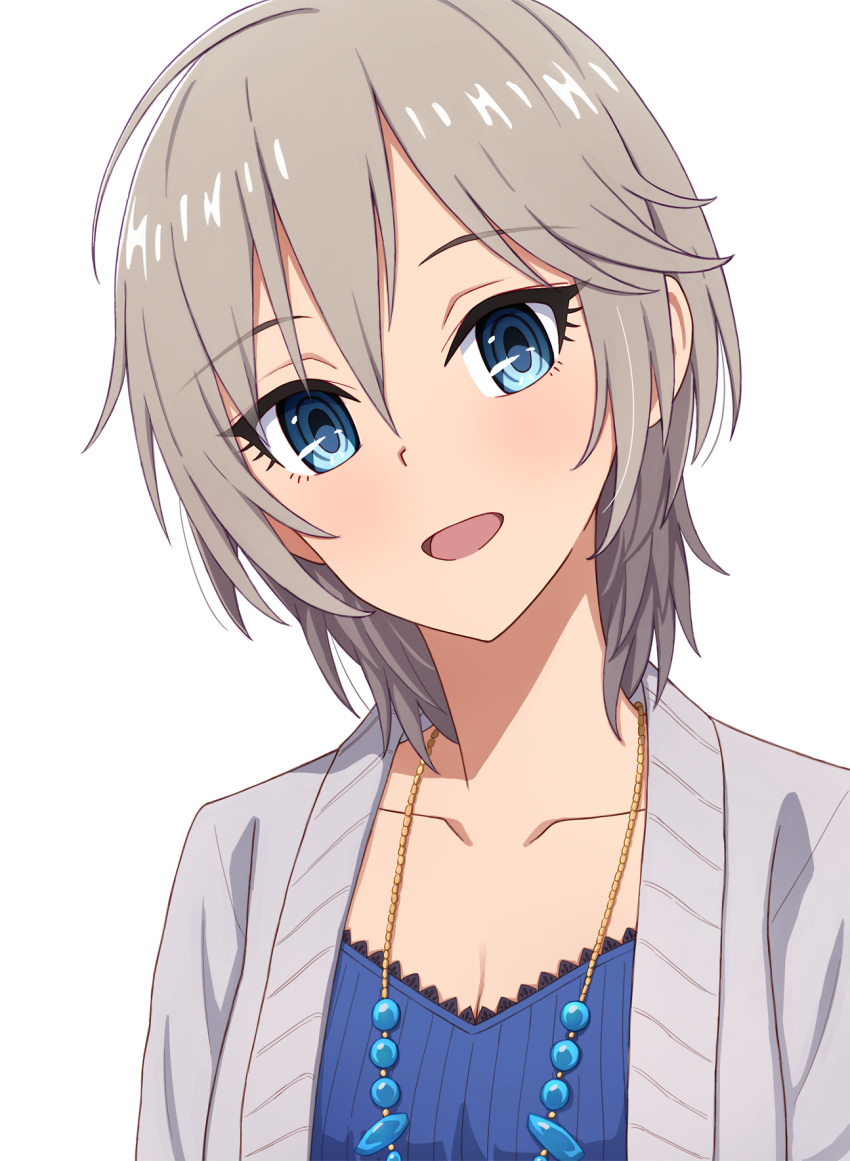 :d anastasia_(idolmaster) bangs blue_eyes blush breasts cleavage collarbone eyebrows_visible_through_hair hair_between_eyes head_tilt highres idolmaster idolmaster_cinderella_girls idolmaster_cinderella_girls_starlight_stage looking_at_viewer medium_breasts open_mouth short_hair silver_hair simple_background smile solo upper_body white_background yahiro_(epicopeiidae)