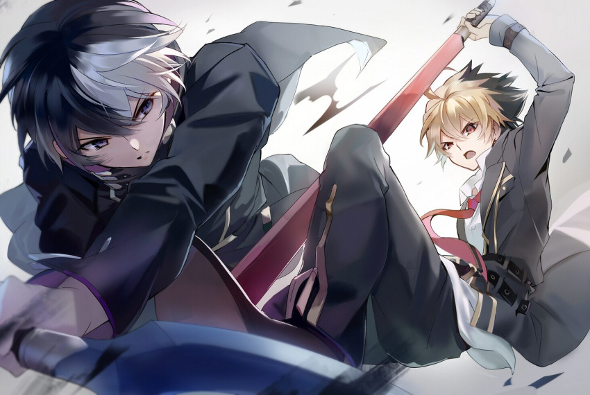 battle black_hair blonde_hair commentary dagger hyde_(under_night_in-birth) jacket multicolored_hair multiple_boys necktie qitoli red_eyes seth_(under_night_in-birth) sword under_night_in-birth weapon white_hair