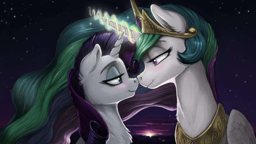 2018 amarynceus blue_eyes blush boop bust_portrait crown cute duo equine eye_contact eyebrows eyelashes eyeshadow feathered_wings feathers female female/female feral friendship_is_magic glowing_horn hair half-closed_eyes hi_res horn long_hair love magic makeup mammal mascara multicolored_hair my_little_pony night nude outside portrait princess_celestia_(mlp) purple_eyes purple_hair rainbow_hair rarity_(mlp) romantic royalty sky smile star starry_sky sunrise touching_noses unicorn white_feathers winged_unicorn wings