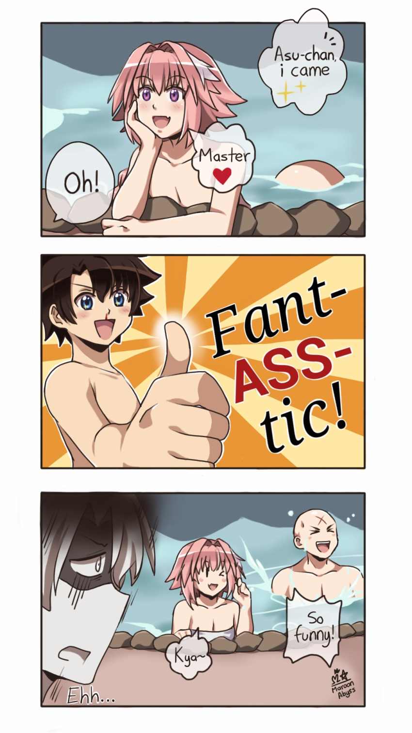3koma astolfo_(fate) bald comic commentary cross_scar fang fate/apocrypha fate/grand_order fate_(series) fujimaru_ritsuka_(male) highres houzouin_inshun_(fate/grand_order) maroonabyss multicolored_hair multiple_boys open_mouth otoko_no_ko pink_hair prank purple_eyes scar speech_bubble streaked_hair