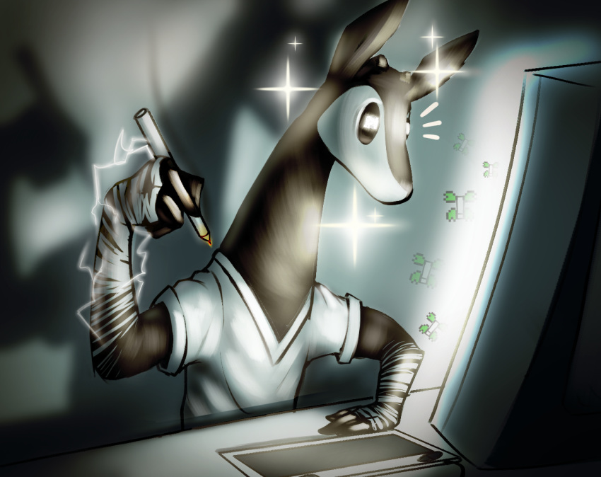 2018 anthro artist clothed clothing desk disney fan_character holding_object male mammal monitor okapi replytoanons_(character) shadow solo sparkle stylus tablet w4g4 wraps wrist_wraps zootopia