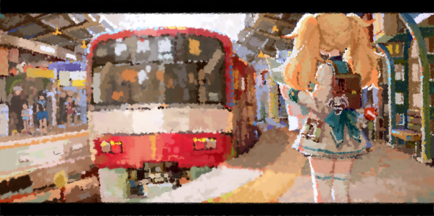 back_bow backpack bag blonde_hair blue_bow blue_sailor_collar bow commentary_request day dress faceless facing_away gambier_bay_(kantai_collection) ground_vehicle highres holding kantai_collection long_hair long_sleeves map outdoors sailor_collar sailor_dress solo_focus standing thighhighs train train_station train_station_platform twintails white_dress white_legwear yamano_(yamanoh)