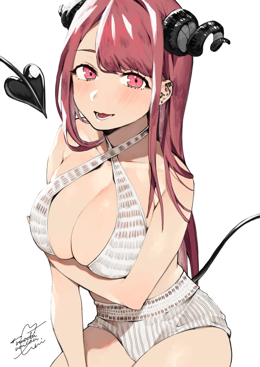 :d absurdres arm_under_breasts bad_id bad_tumblr_id bangs bare_arms bare_shoulders blush breast_hold breasts cleavage collarbone cowboy_shot criss-cross_halter demon_girl demon_horns demon_tail earrings eyelashes halter_top halterneck heart heart_tail highres horns jewelry large_breasts long_hair looking_at_viewer open_mouth original piercing red_eyes red_hair short_shorts shorts signature smile solo standing stud_earrings succubus tail teeth uni_(melm)