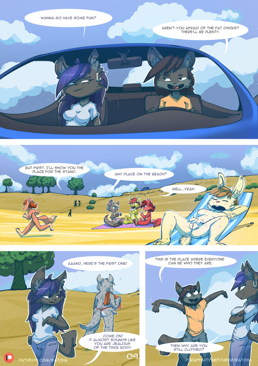 2018 anthro beach breasts canine casual_nudity clothed clothing comic dialogue digital_media_(artwork) english_text female fox fur hair male mammal nipples nude nude_beach open_mouth outside pussy ratcha_(artist) rick_(ratcha) rina_(ratcha) seaside text