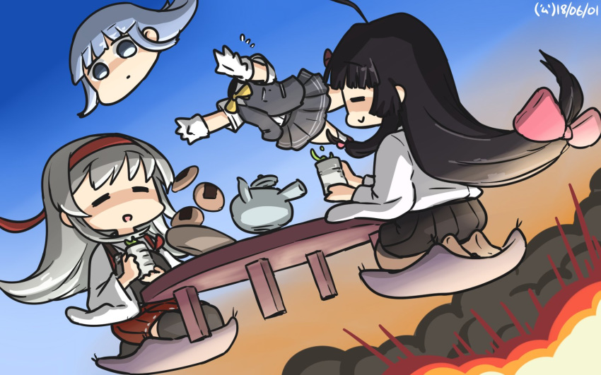 ahoge black_hair black_legwear blue_eyes blue_hair closed_eyes commentary cup dated disembodied_head explosion eyebrows_visible_through_hair food gloves green_tea grey_skirt grey_vest hakama hakama_skirt hamu_koutarou hatsukaze_(kantai_collection) headband highres holding holding_cup japanese_clothes kantai_collection long_hair multiple_girls muneate open_mouth pleated_skirt red_hakama red_headband seiza shouhou_(kantai_collection) shoukaku_(kantai_collection) sitting skirt smile tasuki tea teacup thighhighs vest white_gloves white_hair