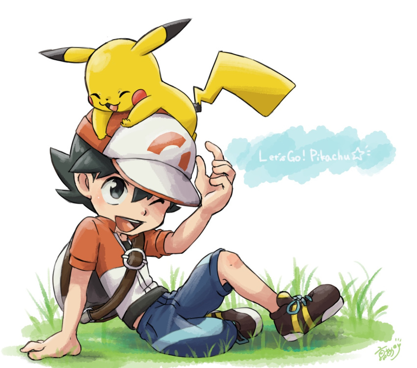 ;d animal animal_on_head arm_support backpack bag baseball_cap black_eyes black_hair black_shirt blue_pants blush brown_backpack brown_footwear capri_pants copyright_name gen_1_pokemon grass hat jacket kakeru_(pokemon) looking_at_another male_focus miyako_ameko multicolored multicolored_clothes multicolored_jacket on_head one_eye_closed open_mouth pants pikachu pokemon pokemon_(creature) pokemon_(game) pokemon_lgpe pokemon_on_head print_pants red_jacket round_teeth shirt shoes short_sleeves smile sneakers striped_footwear teeth white_backpack white_jacket