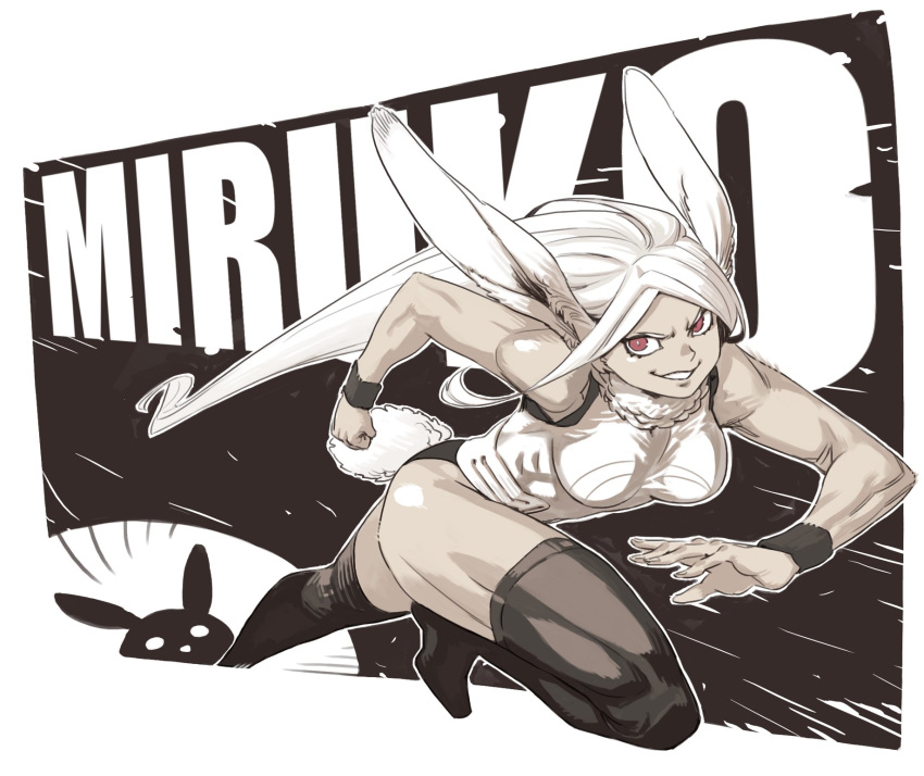 animal_ears archvermin background_text bangs bare_arms black_footwear black_legwear boku_no_hero_academia boots breasts breasts_apart bunny_ears bunny_symbol bunny_tail character_name clenched_hand dark_skin floating_hair from_side fur_trim grin halterneck highres leaning_forward leg_lift leotard long_hair looking_at_viewer medium_breasts monochrome motion_lines outline parted_bangs red_eyes running sideways_glance smile spot_color straight_hair swept_bangs tail teeth thigh_boots thighhighs thighs toned turtleneck usagiyama_rumi very_long_hair white_leotard wristband