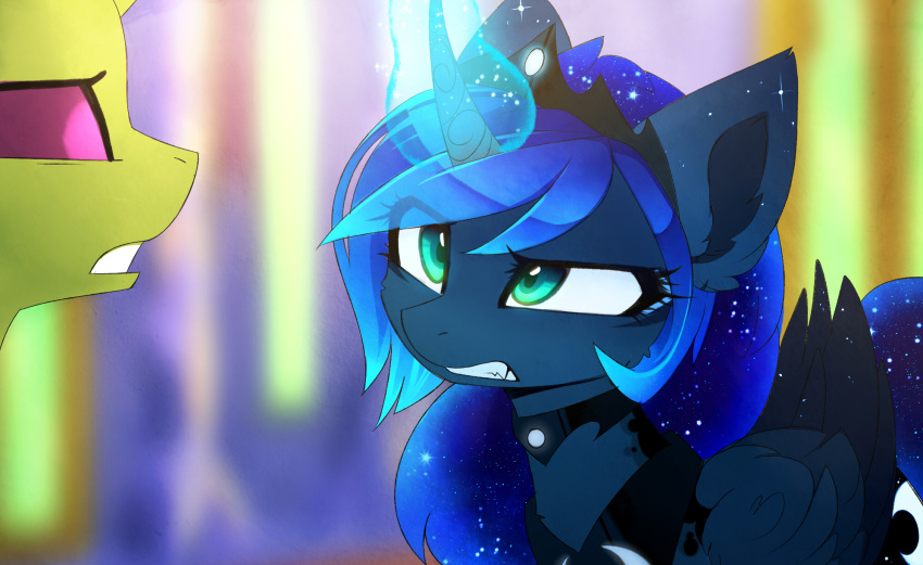 2018 blue_eyes blue_hair blurred_background cosmic_hair equine eyelashes feathered_wings feathers female feral friendship_is_magic hair horn magic magnaluna mammal my_little_pony princess_luna_(mlp) thorax_(mlp) winged_unicorn wings