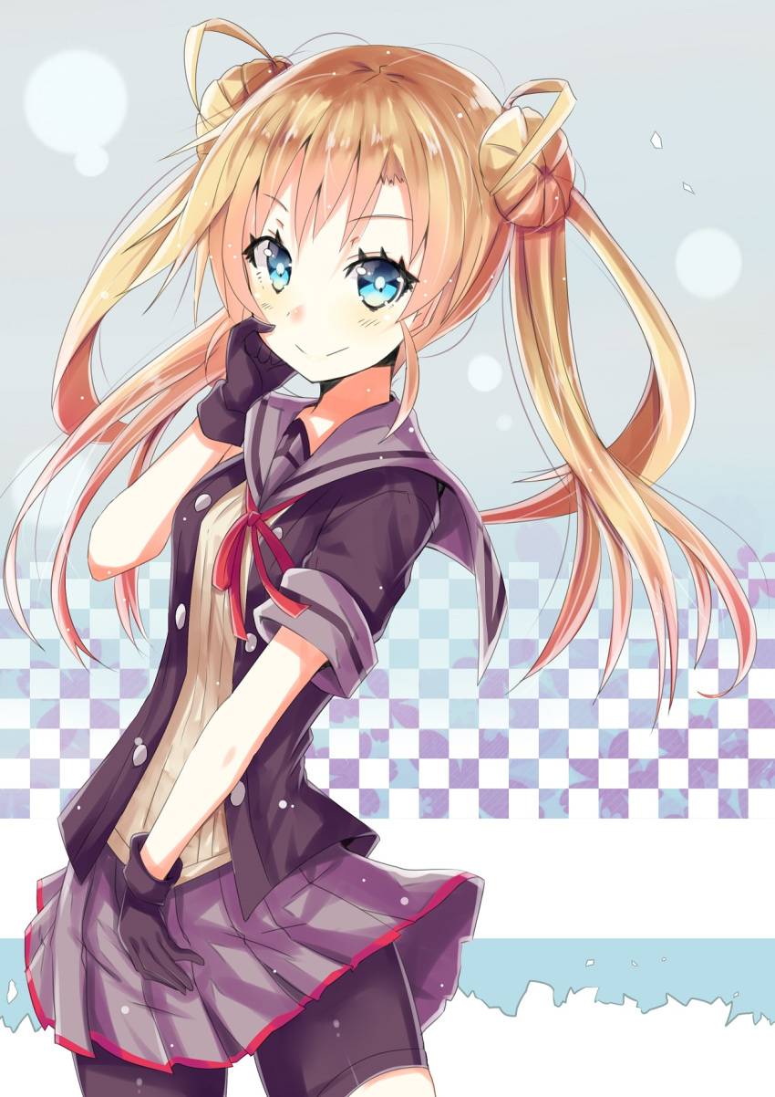 abukuma_(kantai_collection) bangs bike_shorts black_gloves black_jacket black_shorts blonde_hair blue_eyes blush brown_shirt checkered closed_mouth commentary_request double_bun eyebrows_visible_through_hair gloves grey_sailor_collar grey_skirt hand_on_own_cheek highres hizaka jacket kantai_collection long_hair looking_at_viewer open_clothes open_jacket pleated_skirt remodel_(kantai_collection) sailor_collar shirt short_shorts short_sleeves shorts side_bun skirt smile solo twintails