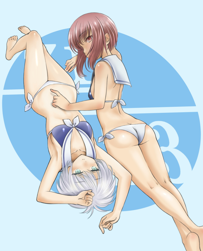 ass bikini blue_bikini_top blue_eyes brown_eyes brown_hair chaborin commentary_request front-tie_top highres kantai_collection lowleg lowleg_bikini lying multiple_girls on_back on_stomach sailor_bikini sailor_collar short_hair side-tie_bikini silver_hair swimsuit white_bikini_bottom z1_leberecht_maass_(kantai_collection) z3_max_schultz_(kantai_collection)