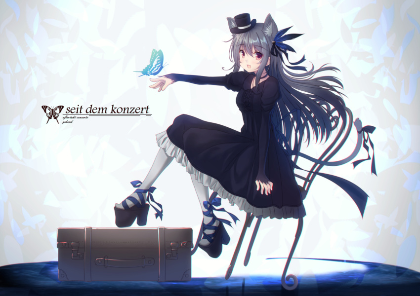 :d animal animal_ear_fluff animal_ears bangs black_dress black_footwear black_hat black_ribbon blue_feathers blue_ribbon blush bug butterfly cat_ears cat_girl cat_tail chair chair_tipping check_translation dress eyebrows_visible_through_hair fang feathers german grey_hair grey_legwear hair_between_eyes hair_feathers hat insect juliet_sleeves long_hair long_sleeves mini_hat mini_top_hat misaki_yuu on_chair open_mouth original outstretched_arm pantyhose partially_translated platform_footwear platform_heels puffy_sleeves red_eyes ribbon sitting sleeves_past_wrists smile solo suitcase tail tail_ribbon tilted_headwear top_hat translation_request very_long_hair
