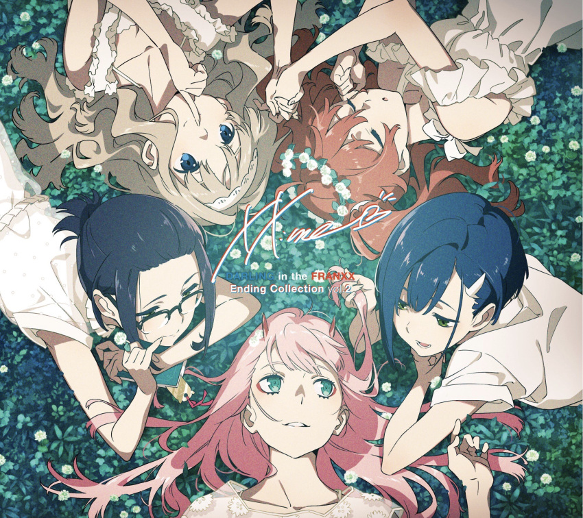 aqua_eyes blue_eyes blue_hair blush brown_hair circle_formation closed_eyes commentary_request darling_in_the_franxx dress flower glasses grass green_hair hair_flower hair_ornament hairclip half-closed_eyes hand_in_hair highres holding_hands horns ichigo_(darling_in_the_franxx) ikuno_(darling_in_the_franxx) interlocked_fingers kokoro_(darling_in_the_franxx) long_hair lying md5_mismatch miku_(darling_in_the_franxx) multiple_girls official_art on_back on_stomach open_mouth pink_hair short_hair smile twintails zero_two_(darling_in_the_franxx)