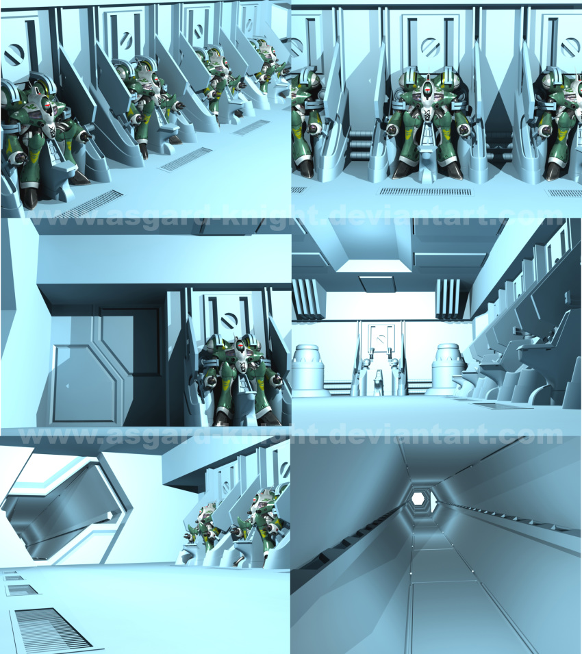 alien asgard-knight choujikuu_yousai_macross commentary_request door energy_cannon hallway hangar hatch highres machinery macross mecha meltrandi missile_pod multiple_views power_armor production_art queadluun-rau realistic science_fiction spacecraft_interior spanish_commentary zentlardy_alphabet zentradi