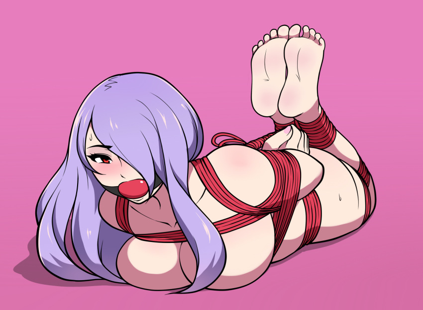 ball_gag bdsm blush bondage bound breasts camilla_(fire_emblem_if) cleavage fire_emblem fire_emblem_if gag hair_over_one_eye highres hogtie jam-orbital long_hair lying nude on_stomach purple_eyes purple_hair restrained very_long_hair wavy_hair