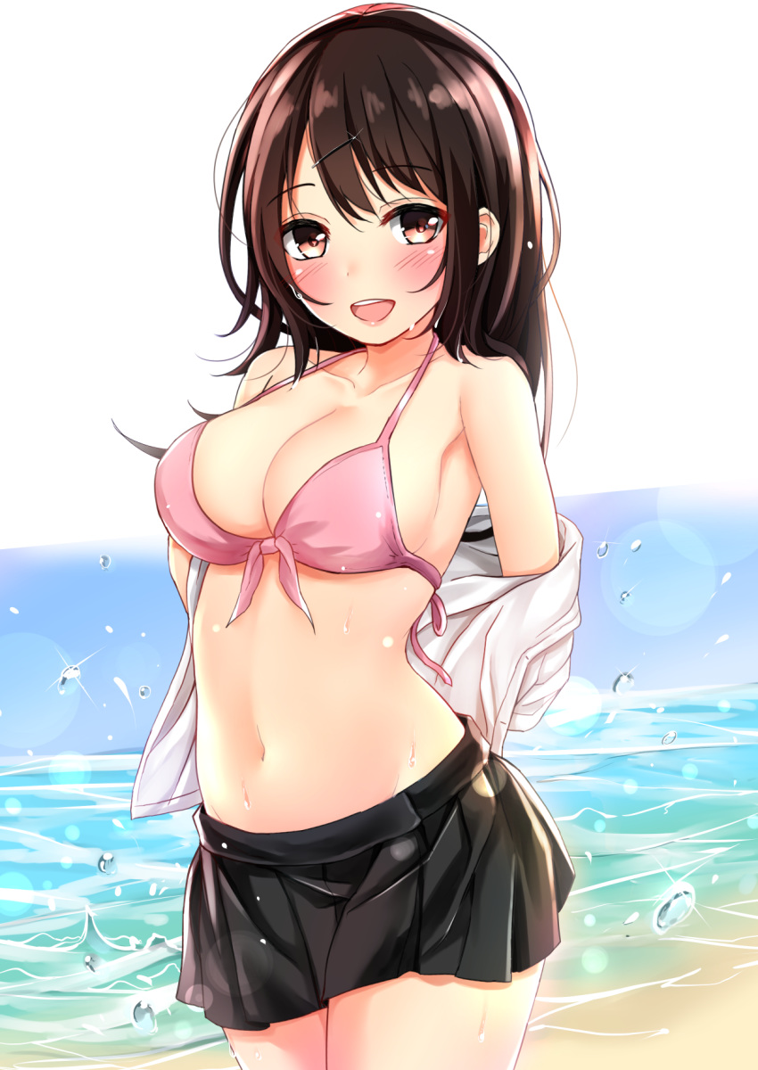 :d arched_back armpit_crease arms_behind_back bangs beach bikini black_hair black_skirt blue_sky blush breasts cleavage collarbone commentary_request cowboy_shot day eyebrows_visible_through_hair front-tie_bikini front-tie_top glint hair_ornament hairclip highres lens_flare looking_at_viewer medium_breasts medium_hair navel ocean open_mouth original outdoors pikacchi pink_bikini pink_bikini_top pleated_skirt red_eyes sideboob skirt sky smile solo stomach swept_bangs swimsuit undressing upper_teeth water_drop wet wet_hair