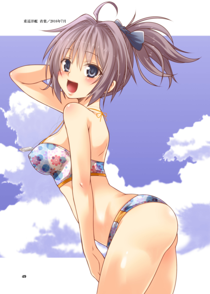 :d absurdres ahoge aoba_(kantai_collection) arched_back ass bangs bare_arms bare_shoulders bikini blue_bow blue_eyes bow breasts character_name cloud covered_nipples cowboy_shot day dog_tags eyebrows eyebrows_visible_through_hair floral_print from_side hair_between_eyes hair_bow hair_ornament halterneck hand_on_own_head high_ponytail highres jewelry kantai_collection leaning_forward looking_at_viewer medium_breasts necklace non-web_source open_mouth outside_border ponytail print_bikini purple_hair shiny shiny_skin shoulder_blades sidelocks sky smile solo summer swimsuit thighs yua_(checkmate)