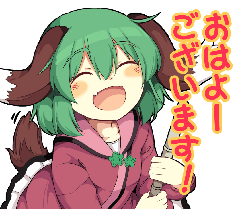 :d ^_^ animal_ears bamboo_broom blush broom closed_eyes collarbone commentary_request dress eyebrows_visible_through_hair facing_viewer fang green_hair hair_between_eyes happy highres holding holding_broom kasodani_kyouko lolimate long_sleeves open_mouth petticoat pink_dress short_hair smile solo tail touhou translated transparent_background upper_body