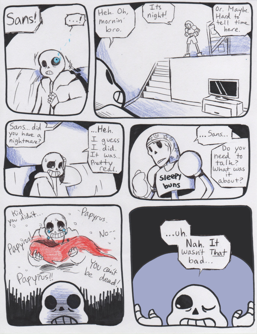 aftertale bone clothed clothing comic dialogue door english_text grin hi_res loverofpiggies male not_furry one_eye_closed papyrus_(undertale) sans_(undertale) scarf sitting skeleton smile sofa stairs teeth television text undead undertale underwear video_games wink