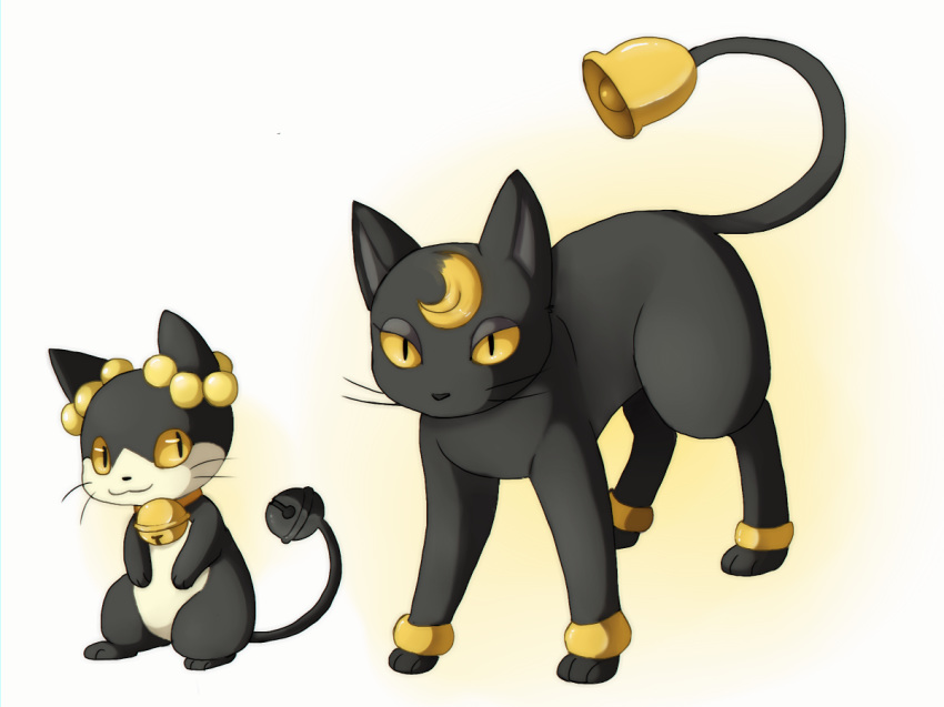 bell bellrun black_cat blonde_hair cat commentary cow_bell creature english_commentary full_body looking_at_viewer no_humans pokemon pokemon_(creature) pokemon_gsc_beta quarbie ringring_(pokemon) smile standing yellow_eyes
