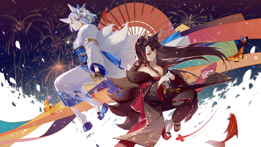 akagi_(azur_lane) animal_ears azur_lane kaga_(azur_lane) kimono kitsune tail umbrella wallpaper zhibuji_loom