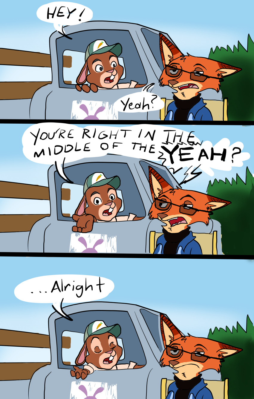 2016 anthro baseball_cap brown_fur canine clothed clothing comic dialogue disney duo english_text eyewear forest fox fur hat hi_res lagomorph male mammal nick_wilde outside quirky-middle-child rabbit red_fur stu_hopps sunglasses text the_iron_giant tree truck vehicle zootopia