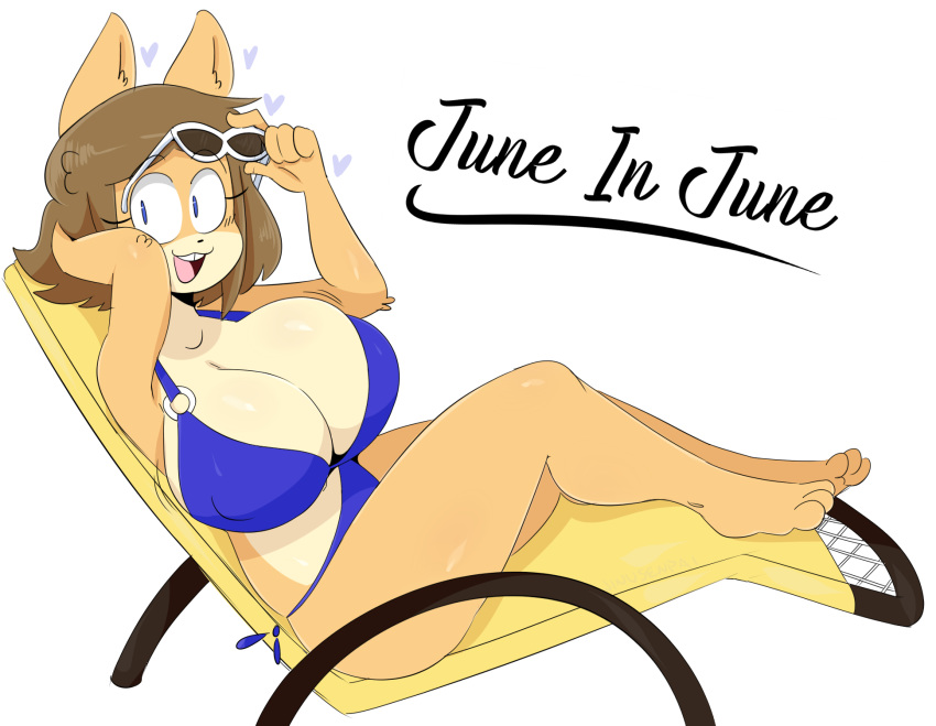 &lt;3 2018 anthro big_breasts bikini blue_eyes breasts brown_hair canine chair clothing dog english_text eyewear female hair hi_res jinu june_(jinu) looking_at_viewer mammal open_mouth open_smile shiba_inu short_hair simple_background sitting smile solo sunglasses swimsuit teeth text tooth_gap white_background