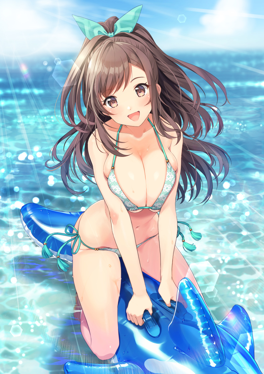 :d absurdres bare_legs barefoot bikini blurry breasts brown_eyes brown_hair cleavage collarbone day depth_of_field eyebrows_visible_through_hair floral_print halterneck highres idolmaster idolmaster_shiny_colors inflatable_dolphin inflatable_toy joey_koguma large_breasts lens_flare long_hair looking_at_viewer navel open_mouth outdoors ponytail print_bikini side-tie_bikini sidelocks skindentation smile soaking_feet solo sunlight swimsuit tsukioka_kogane wet