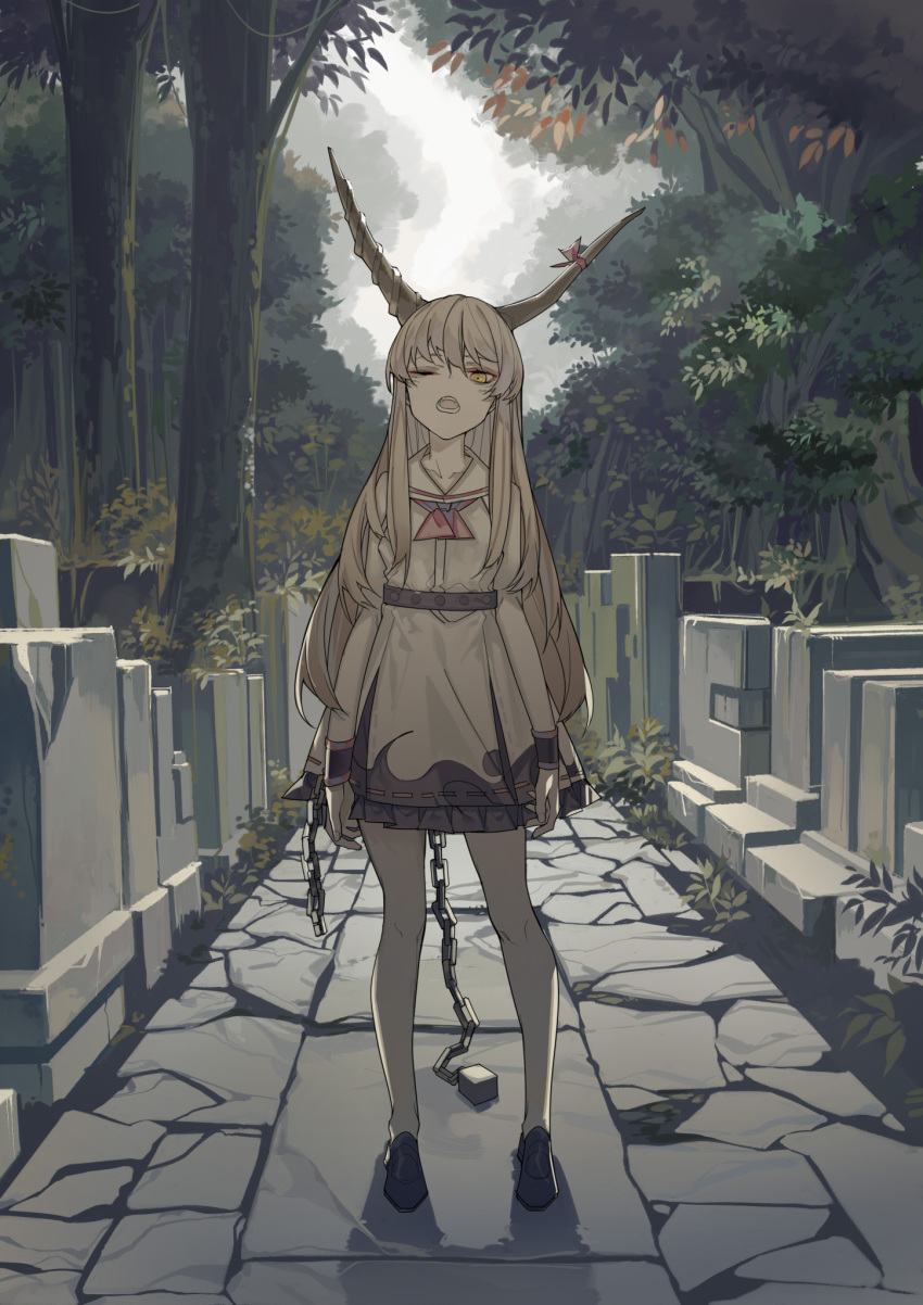 arms_at_sides azling bangs belt black_footwear blonde_hair chain cloud cloudy_sky cobblestone collarbone commentary_request cube cuffs day dress forest full_body graphite_(medium) graveyard hair_between_eyes head_tilt highres horn_ribbon horns ibuki_suika loafers long_hair looking_at_viewer mixed_media nature neck_ribbon one_eye_closed open_mouth outdoors ribbon ribbon-trimmed_skirt ribbon_trim shackles shadow shoes sky sleeveless sleeveless_dress solo teeth tombstone touhou traditional_media very_long_hair yellow_eyes