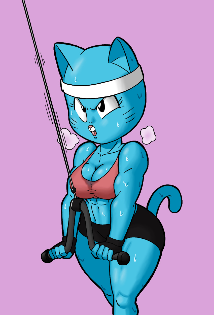 2018 5_fingers abs anthro blue_fur breasts cartoon_network cat cleavage clothed clothing digital_media_(artwork) exercise feline female fingerless_gloves fur gloves gym headband hi_res mammal mature_female midriff nicole_watterson open_mouth panting shorts simple_background solo standing sweat tansau the_amazing_world_of_gumball whiskers