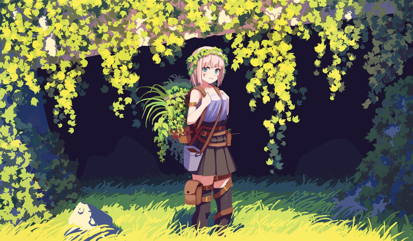 amekaze_yukinatsu arm_belt backpack bag bangs bare_shoulders belt belt_buckle between_breasts black_legwear black_skirt blue_eyes blush breasts brown_belt buckle cave closed_mouth collarbone commentary day facial_mark grass high-waist_skirt ivy leg_belt looking_at_viewer medium_breasts nature original outdoors overgrown pink_hair pleated_skirt revision rock shirt skirt smile solo standing strapless thigh_pouch thigh_strap thighhighs tubetop white_shirt