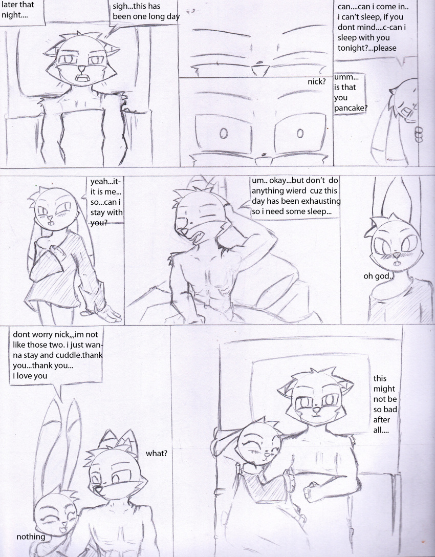 angry anthro bed bottomless canine clothed clothing comic disney door female fox hi_res hug inside judy_hopps lagomorph male mammal nick_wilde pace2n9tmaker pillow rabbit simple_background topless zootopia