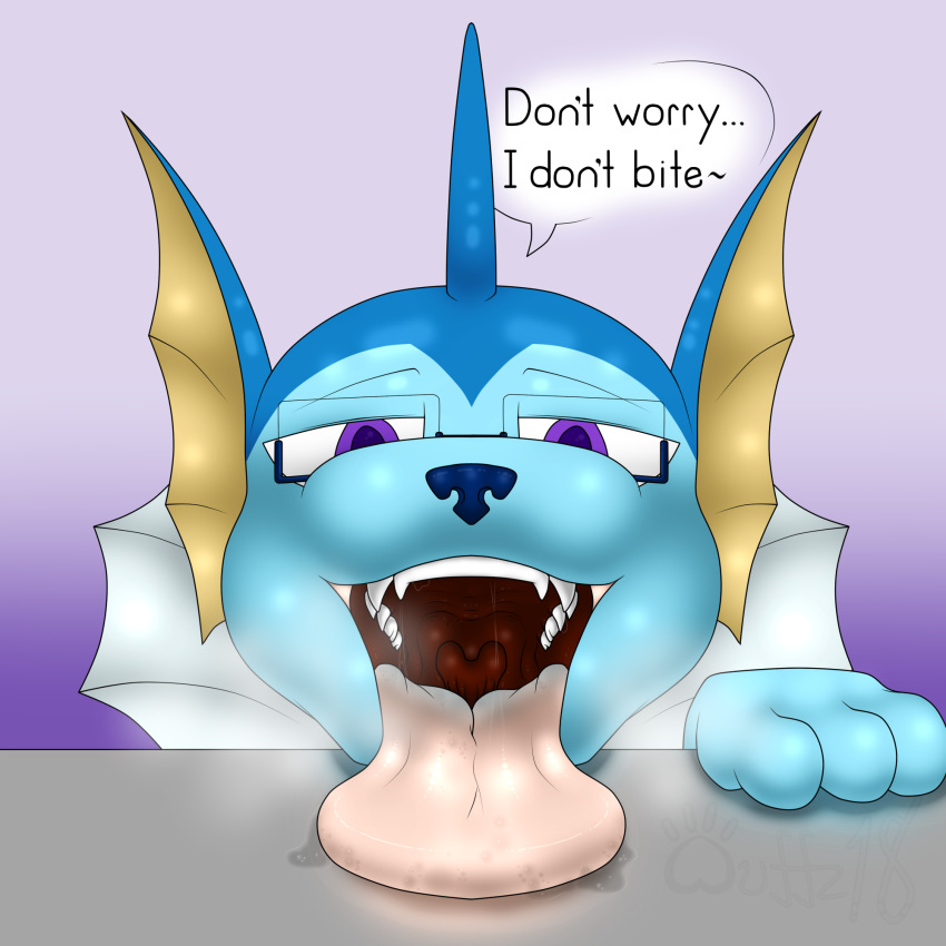 2018 cake canine darkwufflez dialogue digital_media_(artwork) eeveelution english_text eyewear feral first_person_view food glasses hi_res looking_at_viewer male mammal nintendo open_mouth pok&eacute;mon pok&eacute;mon_(species) saliva soft_vore solo speech_bubble teeth text throat tongue tongue_out uvula vaporeon video_games vore