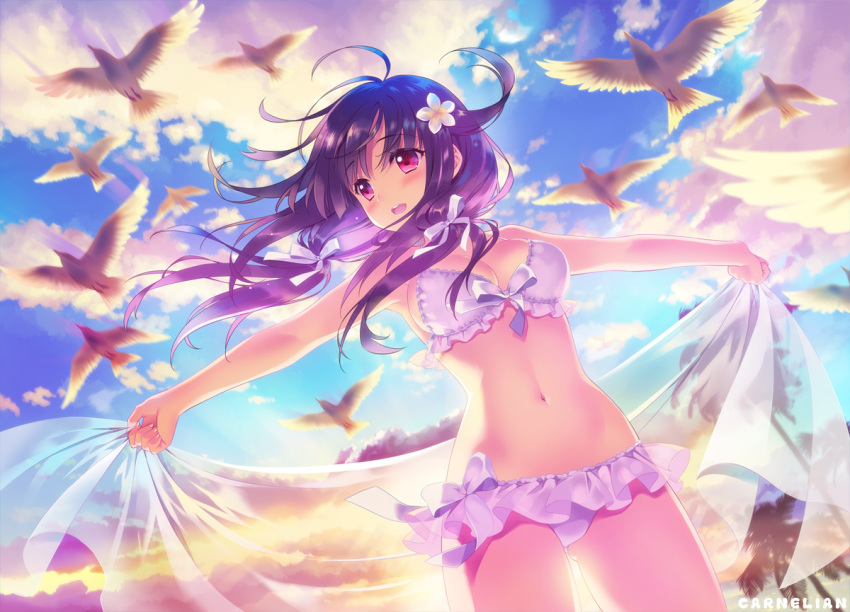 ahoge artist_name ass_visible_through_thighs bikini bikini_skirt bird blush breasts carnelian cloud day dutch_angle flower frilled_bikini frills graphite_(medium) hair_flower hair_ornament hair_tie kantai_collection large_breasts long_hair looking_to_the_side navel open_mouth outdoors pink_eyes purple_hair seagull sky solo standing swimsuit taigei_(kantai_collection) traditional_media tree twintails white_bikini