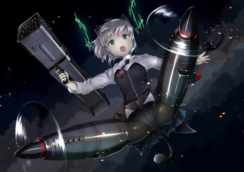 absurdres animal_ears black_legwear blush breasts cat_ears green_eyes highres looking_at_viewer miniskirt night night_sky open_mouth panties panties_under_pantyhose pantyhose reito_(lyra-yasao-0628) sanya_v_litvyak skirt sky small_breasts solo spread_legs strike_witches tail underwear white_hair white_panties world_witches_series