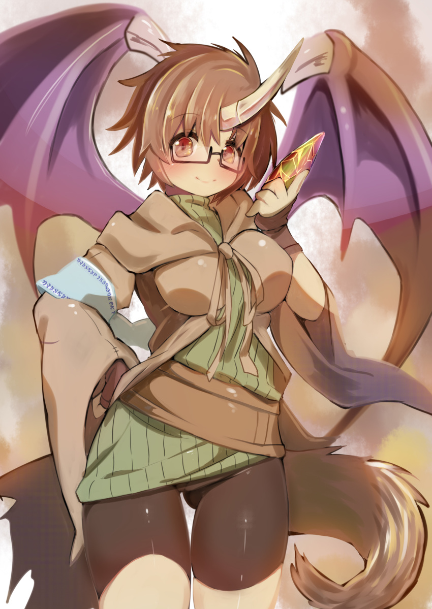 absurdres aussa belt bike_shorts breasts brown_eyes brown_hair commentary_request duel_monster fingerless_gloves glasses gloves highres horn jacket large_breasts looking_at_viewer ribbed_sweater short_hair smile solo sweater tail turtleneck wide_sleeves wings yaibaken yuu-gi-ou