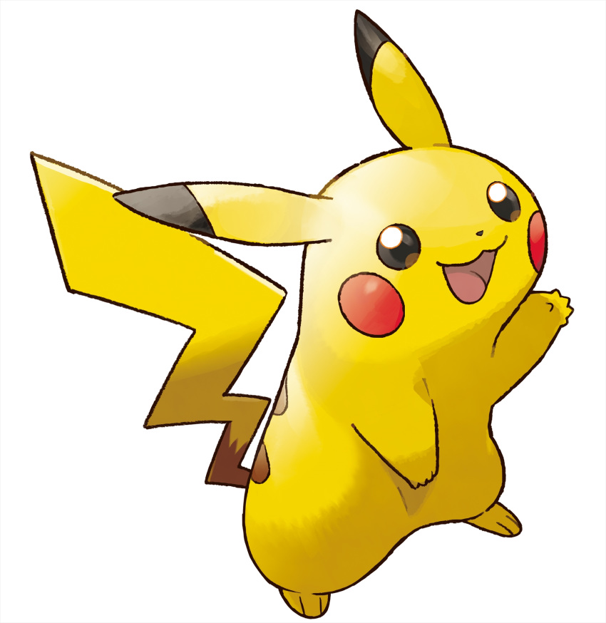 animal_ears arm_up black_eyes full_body gen_1_pokemon highres no_humans official_art open_mouth paws pikachu pokemon pokemon_(creature) pokemon_(game) pokemon_lgpe simple_background smile solo standing tail white_background