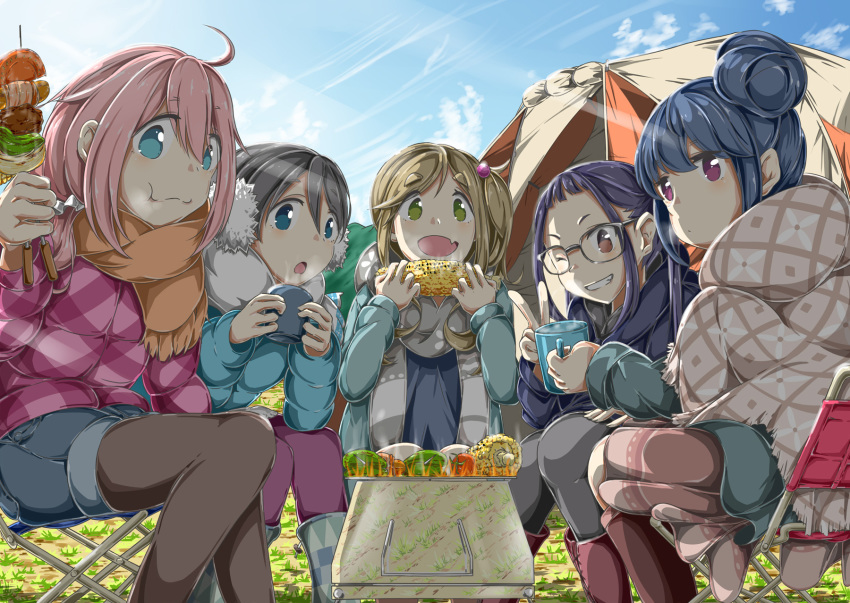 barbecue black_hair blonde_hair blue_eyes blue_hair corn cup day earmuffs eating eyebrows_visible_through_hair fang food green_eyes grill grilling hair_bun highres holding holding_food inuyama_aoi jacket kagamihara_nadeshiko kebab long_hair maru_sashi mug multiple_girls one_eye_closed oogaki_chiaki open_mouth outdoors pantyhose pantyhose_under_shorts pink_hair purple_eyes purple_hair saitou_ena scarf shawl shima_rin short_hair short_shorts shorts side_ponytail sitting tent thick_eyebrows winter_clothes yurucamp