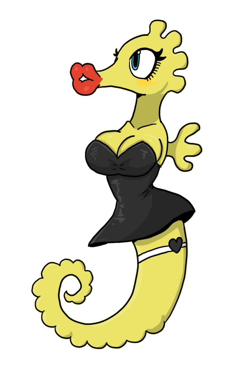 anthro armless big_breasts big_lips black_clothing black_dress blush breasts clothing dress female fish lips log_draws long_neck marine nintendo seahorse solo splatoon video_games wide_hips