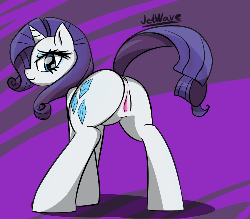 2014 anus blue_eyes butt cutie_mark equine eyeshadow female feral friendship_is_magic fur hair horn jetwave looking_at_viewer makeup mammal my_little_pony presenting presenting_hindquarters purple_hair pussy rarity_(mlp) smile solo standing unicorn white_fur