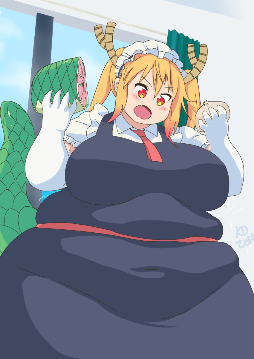 absurd_res animal_humanoid belly big_belly big_breasts blush breasts clothed clothing dragon_humanoid eating female food hi_res humanoid maid_uniform miss_kobayashi's_dragon_maid obese open_mouth overweight overweight_female red_eyes solo thekdubs tohru_(dragon_maid) uniform weight_gain