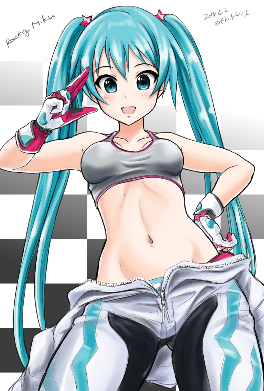 absurdres aqua_eyes aqua_hair biker_clothes bikesuit checkered checkered_background commentary cowboy_shot dated flick_(sal23) gloves goodsmile_racing grey_sports_bra hand_on_hip hatsune_miku highres long_hair looking_at_viewer navel open_mouth panties racing_miku racing_miku_(2013) salute solo sports_bra stomach striped striped_panties twintails underwear unzipped very_long_hair vocaloid